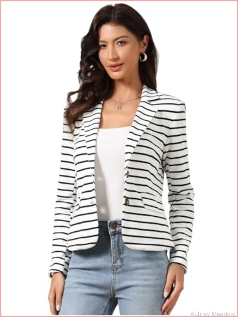 Notched Lapel Button Closure Striped Blazer Fully Lined Blazer